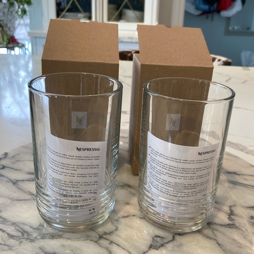 Pair of N’Espresso Large Barista Recipe Glasses. BNIB. 2 Coffee Spoons Included.